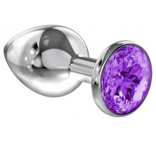 Большая серебристая анальная пробка Diamond Purple Sparkle Large с фиолетовым кристаллом - 8 см.