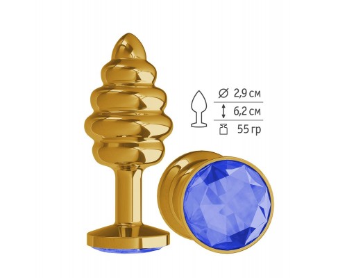 Золотистая пробка с рёбрышками и синим кристаллом - 7 см.