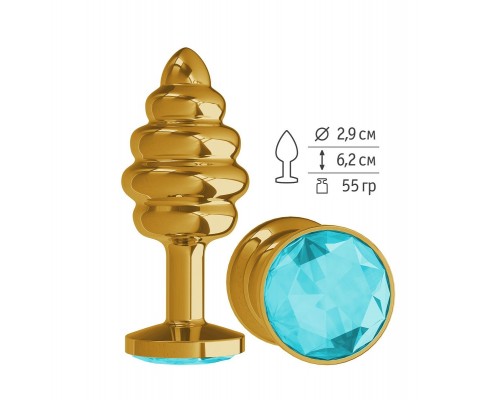 Золотистая пробка с рёбрышками и голубым кристаллом - 7 см.