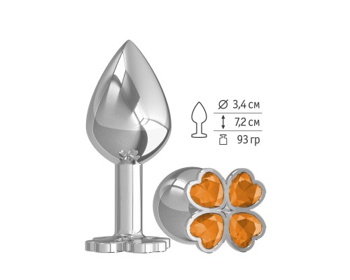 Средняя серебристая анальная втулка с клевером из оранжевых кристаллов - 8,5 см.