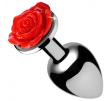 Серебристая анальная пробка с розой Red Rose Butt Plug - 8 см.