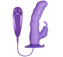 Фиолетовый вибратор с клиторальным отростком и присоской PURRFECT SILICONE SUCTION CUP DUO VIBE - 18 см.