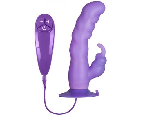 Фиолетовый вибратор с клиторальным отростком и присоской PURRFECT SILICONE SUCTION CUP DUO VIBE - 18 см.