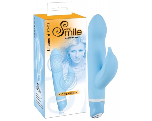 Голубой вибратор Smile Dolphin с клиторальным отростком - 16 см.